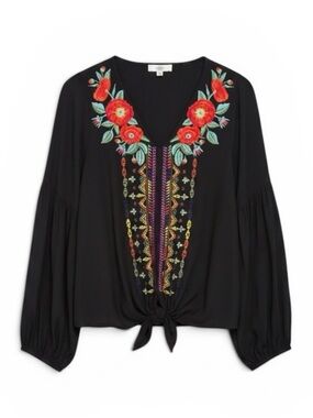 Entro Black Long Sleeve Tie Front Embroidered V-Neck Boho Top Size Small